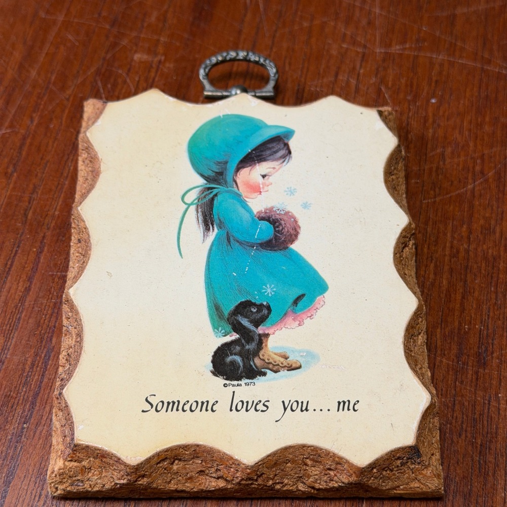Paula-Cutes 1973 Vintage Someone Loves You Me Wood Plaque Nursery Kitsch Retro